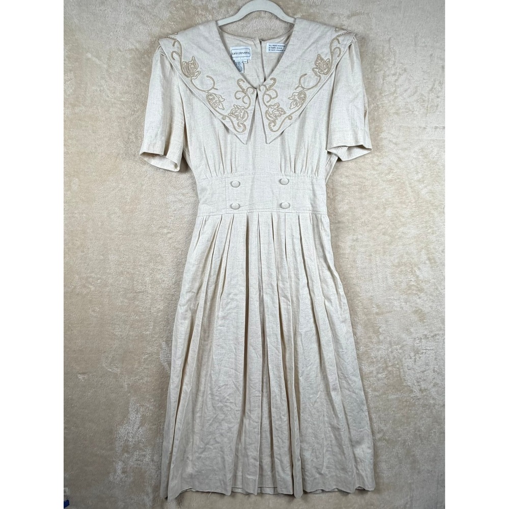 Karin Stevens Linen Blend Dress Vtg Embroidered‎ Collar Pleated Beige 12 Flawed
